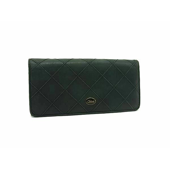 Chloe Leather Quilted Bi fold Long Wallet Billfold Wallet Card Slots Black